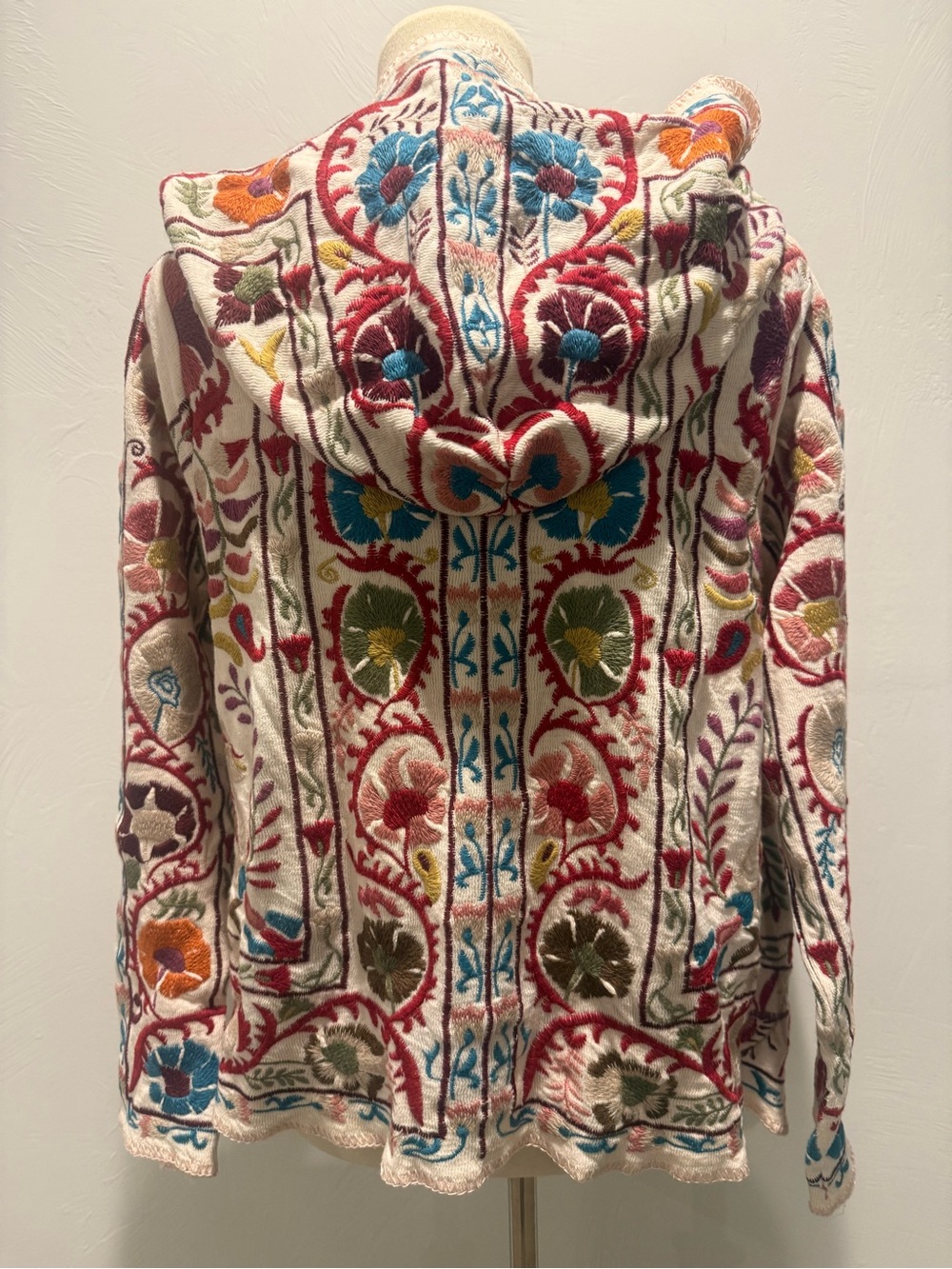 Johnny Was - Biya- Cream Multi Embroidered Hooded Open Cardigan with Pink Hem - Picture 2 of 6
